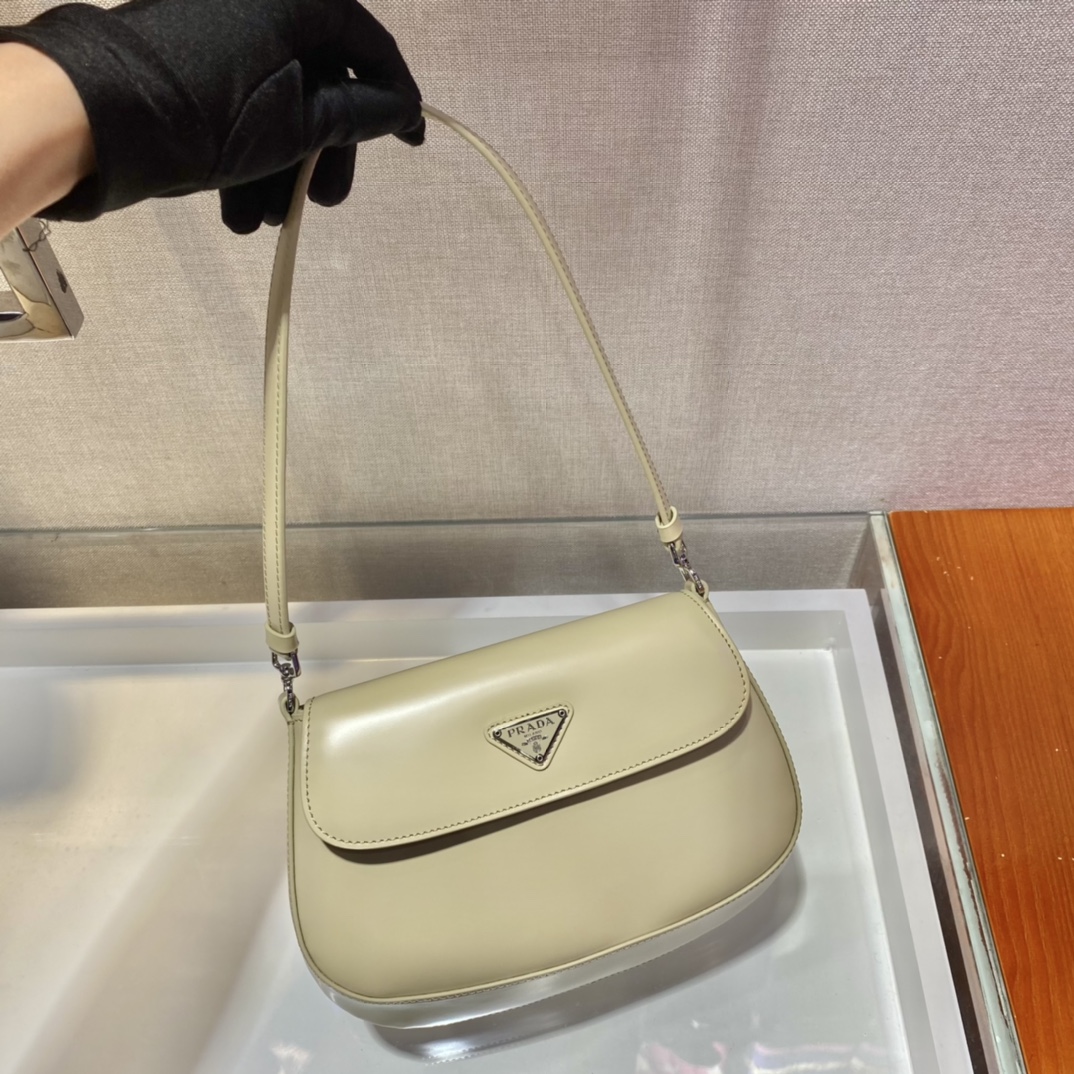 Prada Cleo Brushed Leather Shoulder Bag With Flap Beige 1BD311